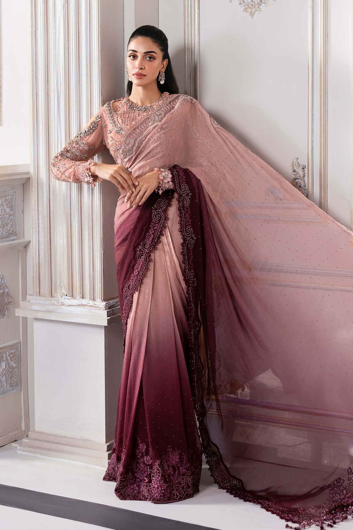 Maria.B Embroidered Chiffon Saree | BD-3001